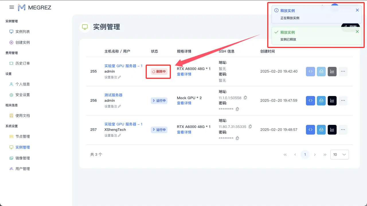 删除实例结果
